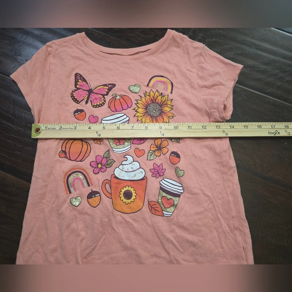 Children's Place Orange Fall Pumpkin Latte Casual Girls Tee Shirt Large